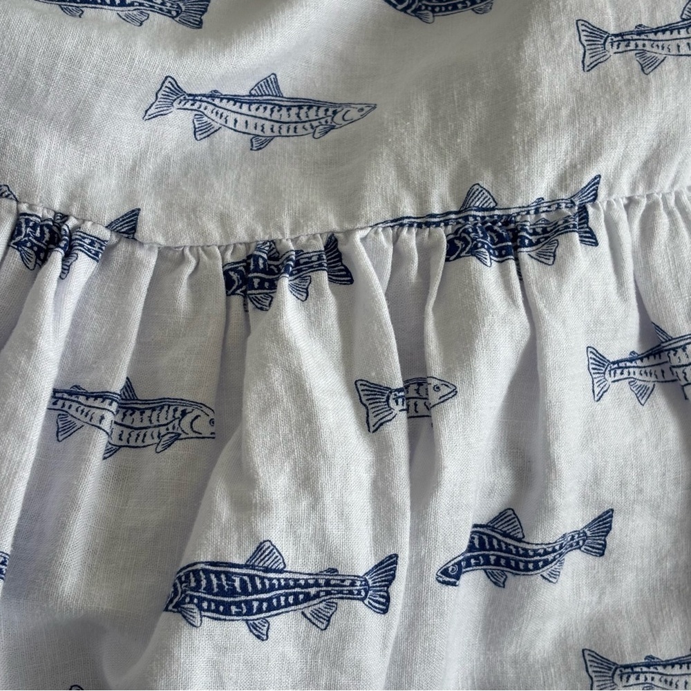 NWOT Cynthia Rowley Linen Blend Tie Strap Blue Fish  Print Flounce Dress XS - Picture 9 of 9